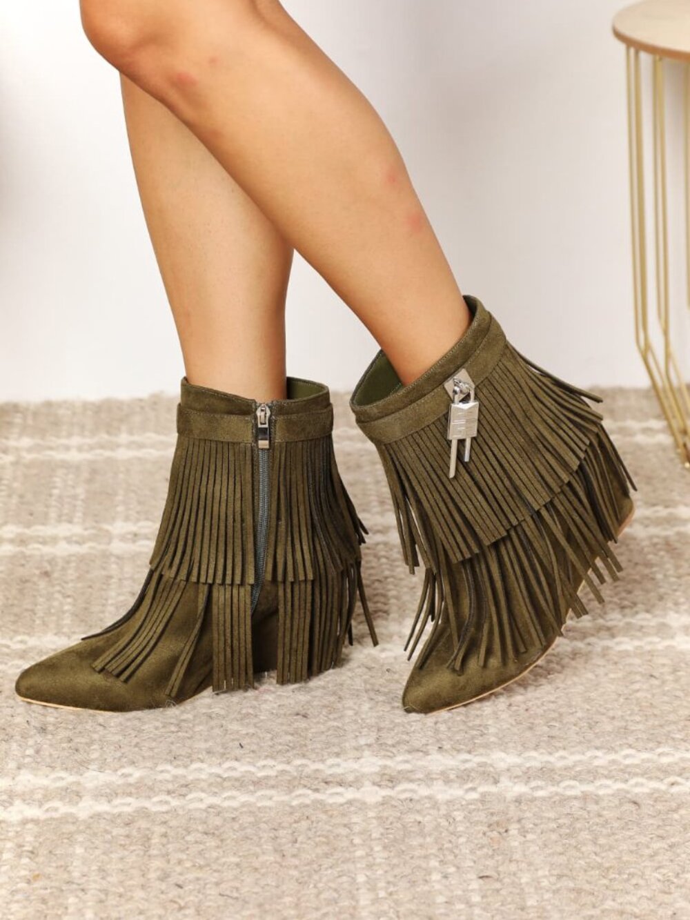 Olive Fringe Wedge Booties | Pointed Toe Western Ankle Boots